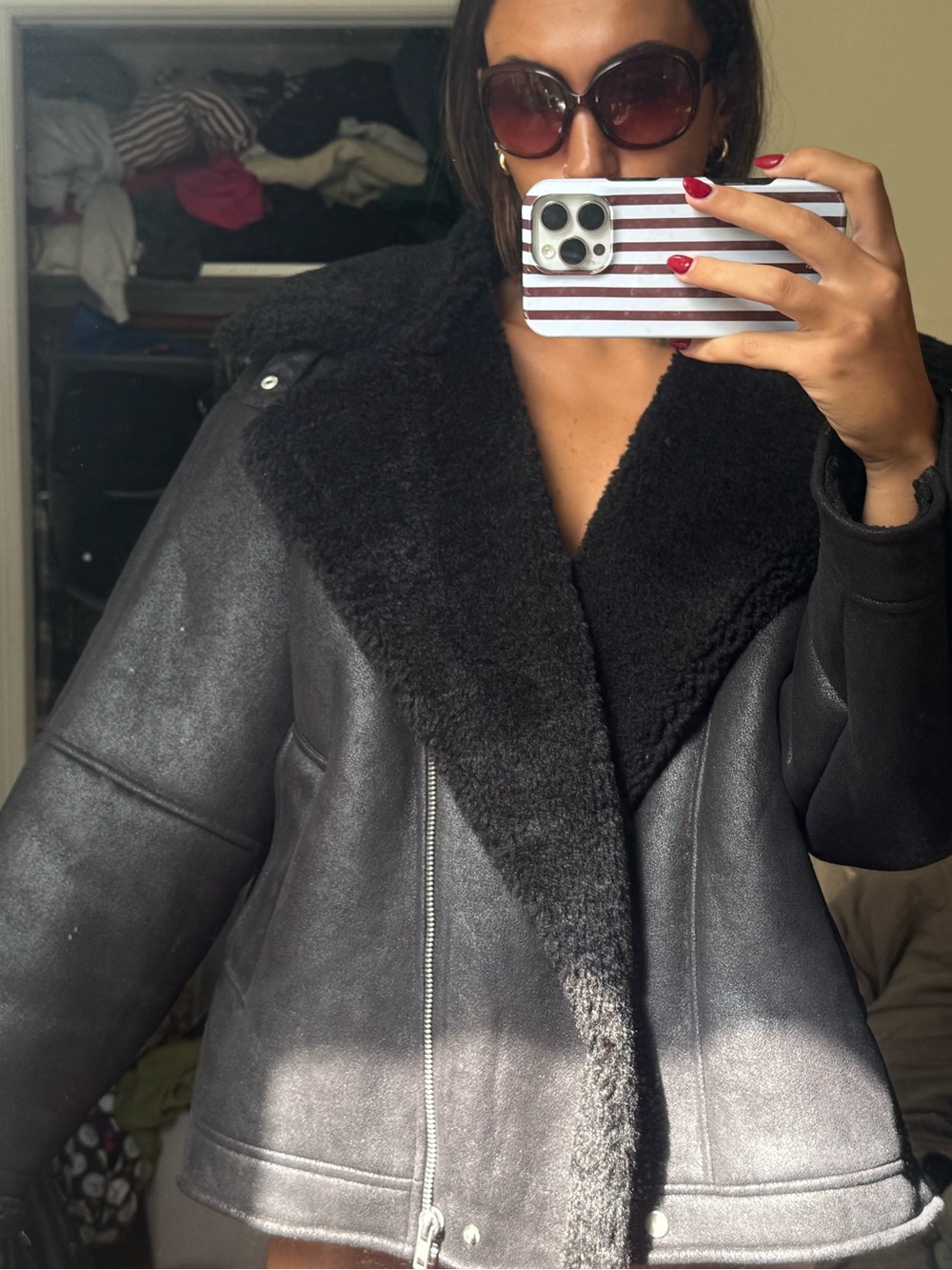 Topshop Black Faux Shearling Aviator Jacket